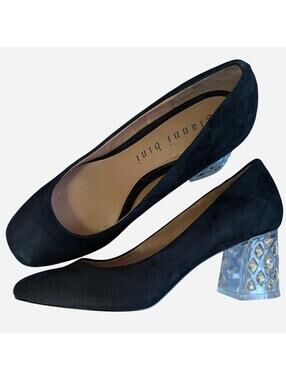 Disco Sparkly Mirrorball Glitter Black Suede Heels Clear Lucite Heel Size 9